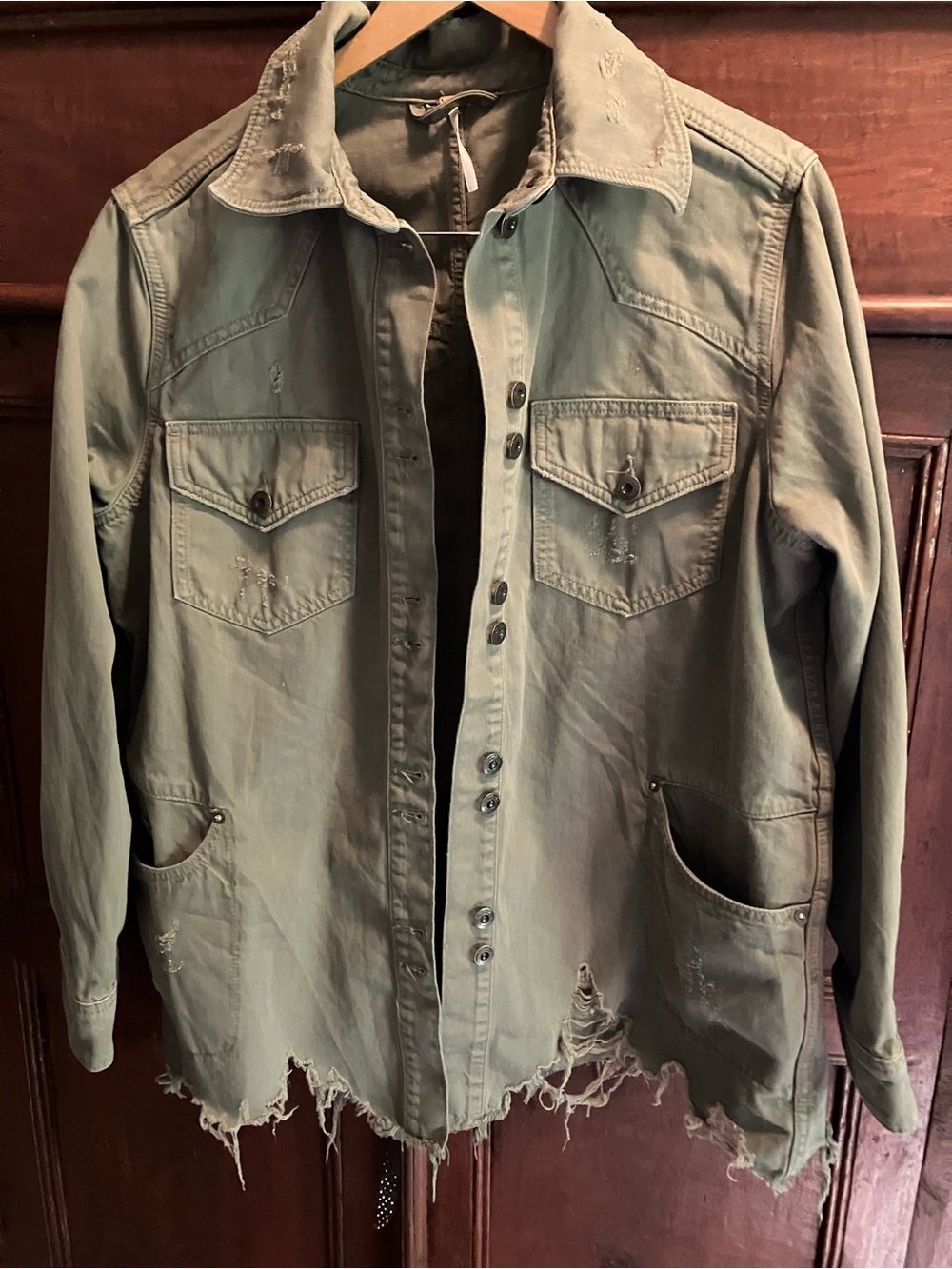 Free People Olive Green Distressed Utility Jacket